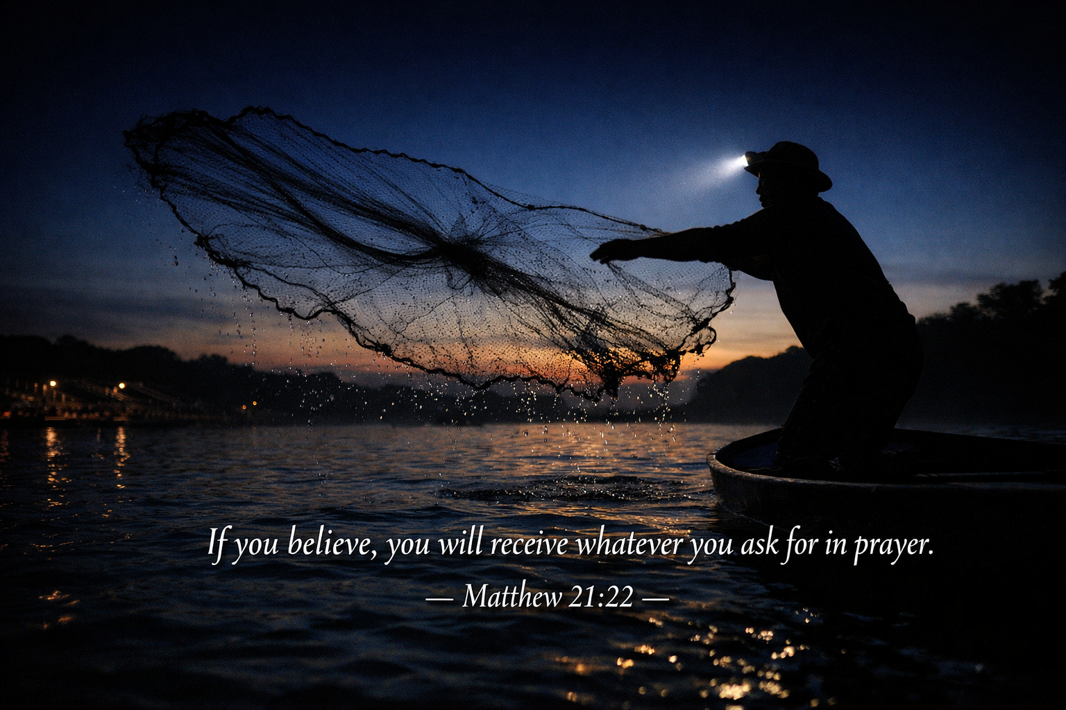 Fisherman casting a net into dark water at pre-dawn with Matthew 21:22 verse about believing and receiving in prayer